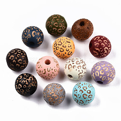 Perles de bois naturel peintes, motif gravé au laser, rond avec imprimé léopard, couleur mixte, 15~16x15mm, Trou: 4mm