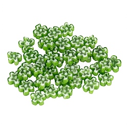 30pcs perles de verre millefiori faites à la main, fleur, vert clair, 6.4~9x3.2mm, Trou: 1mm, 30 pcs /sachet 