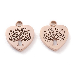 Ion Plating(IP) 304 Stainless Steel Charms, Laser Cut, Heart with Tree of Life, Rose Gold, 12x11x1.5mm, Hole: 1.8mm