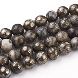 Chapelets de perles de pyrite naturelle , ronde, 8mm, Trou: 0.6mm, Environ 49 pcs/chapelet, 15.75 pouce (40 cm)