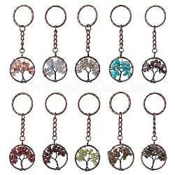 Brass Wire Wrapped Natural & Synthetic Mixed Stone Pendant Keychain, with Iron Split Key Rings, Tree of Life, 8.7cm