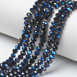 FilI di perline in vetro placcato, mezzo placcato, blu placcato, sfaccettato, rondelle, blu scuro, 6x5mm, Foro: 1 mm, circa 85~88pcs/filo, 16.1~16.5 pollice (41~42 cm)