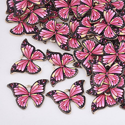 Pendenti della lega stampati, con smalto, farfalla, oro chiaro, rosa intenso, 15.5x22x2mm, Foro: 1.8 mm