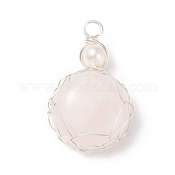 Ciondoli quazo rosa naturale, con filo di rame color argento e perla d'acqua dolce coltivata naturale, piatta fascino rotondo, 34~37x21~22x7~8mm, Foro: 4~4.5 mm