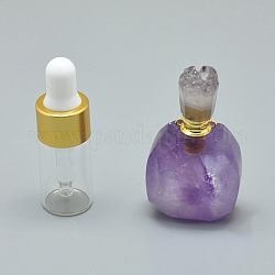 Pendentifs de bouteille de parfum améthyste naturelle ouvrable, avec des accessoires en laiton et des bouteilles d'huile essentielle en verre, 39~50x26~29x16~21mm, Trou: 1.2mm, capacité de la bouteille en verre : 3 ml (0.101 fl. oz), capacité de pierres précieuses: 1 ml (0.03 fl. oz)