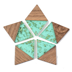 Transparent Resin & Walnut Wood Pendants, with Gold Foil, Rhombus, Pale Turquoise, 34x24x3mm, Hole: 2mm