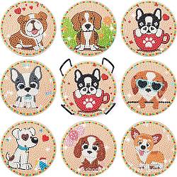 DIY Dog Theme Diamond Painting Wood Cup Mat Kits, Including Coster Holder, Resin Rhinestones, Diamond Sticky Pen, Tray Plate and Glue Clay, Mixed Color, Packaging: 130x126x80mm