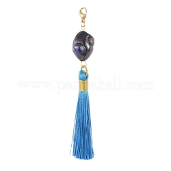 Polyester Tassel Pendants, with Natural Pearl Beads and Real 18K Gold Plated 304 Stainless Steel Lobster Claw Clasps, Deep Sky Blue, 135mm