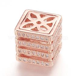 Brass Micro Pave Cubic Zirconia Beads, Real Rose Gold Plated, Cube, Rose Gold, 10.5x10.5x10.5mm, Hole: 1mm