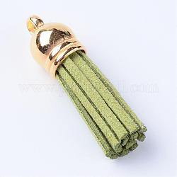 Décorations de pendentif pompon en daim, avec embouts de cordon en plastique ccb, vert jaune, 35~37x10mm, Trou: 2.5~3mm