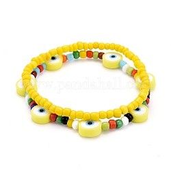 Glass Seed Beads Stretch Bracelets, with Polymer Clay Eye Beads, Yellow, Inner Diameter: 2-1/8~2-1/4 inch(5.3~5.8cm), 2pcs/set
