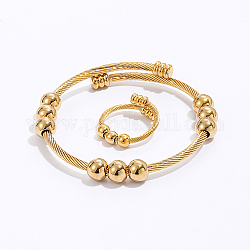 Set di braccialetti intrecciati e anelli per dito in acciaio inossidabile, Con perline, per donne, vero placcato oro 18k, diametro interno: 18~60mm