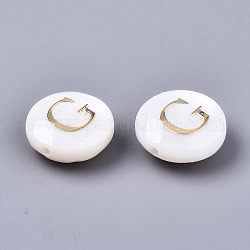 Perles de coquillages naturels d'eau douce, avec ornements en métal gravé en laiton doré, plat rond, couleur de coquillage, letter.g, 8x3~5mm, Trou: 0.5~07mm