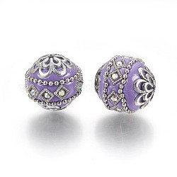 Perles Indonésiennes manuelles, avec les accessoires en métal, ronde, argent antique, support violet, 19.5x19mm, Trou: 1mm