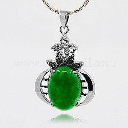 Natural Malaysia Jade Pendants, with Brass Rhinestone Pendant Settings, Grade A, Dyed, Oval, Platinum Metal Color, Green, 30x21.5x7.5mm, Hole: 5x4mm
