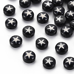 Бусины лэмпворк , с украшениями из латуни с платиновым напылением, плоские круглые со звездой, чёрные, 8x5 мм, отверстие : 0.8 мм