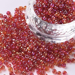 8/0 Perlas de vidrio redondo, colores transparentes arco iris, agujero redondo, rojo, 8/0, 3mm, agujero: 1 mm, aproximamente 1111 unidades / 50 g, 50 g / bolsa, 18 bolsas/2 libras