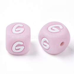 Food Grade Eco-Friendly Silicone Beads, Horizontal Hole, Chewing Beads For Teethers, DIY Nursing Necklaces Making, Letter Style, Cube, Pink, Letter.G, 10x10x10mm, Hole: 2mm