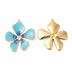 304 Stainless Steel Enamel Pendants, with Rhinestones, Real 18K Gold Plated, Flower Charm, Light Sky Blue, 37.5x33x3mm, Hole: 1.4mm