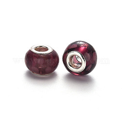 Handmade Lampwork European Beads, Large Hole Rondelle Beads, with Platinum Tone Brass Double Cores, Rosy Brown, 14~16x9~10mm, Hole: 5mm