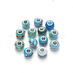 Handmade Lampwork European Beads, Large Hole Rondelle Beads, with Platinum Tone Brass Double Cores, with Mix Pattern, Deep Sky Blue, 14~16x9~10mm, Hole: 5mm
