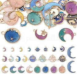 Pandahall 50 pièces 25 styles pendentifs en alliage d'émail, plat rond, étoiles et la lune, or clair, couleur mixte, 11.5~32x7.5~19x1.5mm, Trou: 1.4~1.5mm, 2 pièces / style