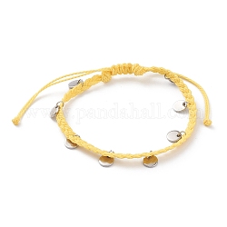 Bracelets de perles tressées en corde de polyester ciré, avec des breloques d'étiquette vierge d'estampage en acier inoxydable rond plat 304, jaune, diamètre intérieur: 2-1/4~3-7/8 pouce (5.8~9.8 cm)