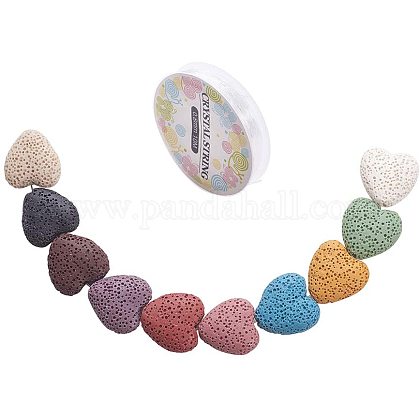 PandaHall Elite 30 pcs 10 Colors Heart-Shaped Lava Stone Beads Loose Bead with 10m 0.8mm Crystal Thread for Essential Oils Bracelet Necklace Pendants Jewelry DIY Craft Making G-PH0035-01-1