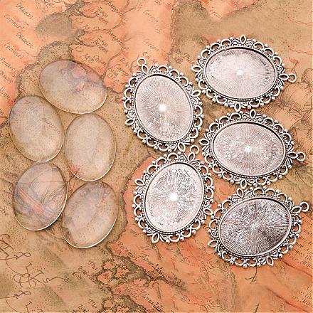40x30  mm couverture ovale cabochon de verre clair et argent antique style tibétain supports pendentif cabochon de bricolage DIY-X0152-AS-RS-1