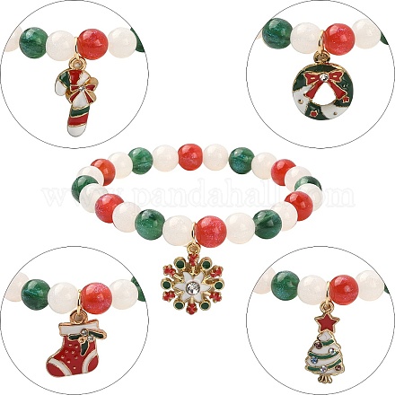 Эластичный браслет из смолы с круглыми бусинами и рождественскими подвесками из сплава эмали BJEW-JB09525-1