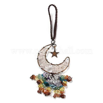 Lune en laiton enveloppée de fil et décoration pendentif en quartz rose naturel HJEW-C006-02F-1