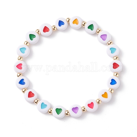 Bracelet extensible de perles acryliques rondes plates à motif de coeur pour enfant BJEW-JB07215-1