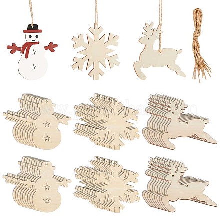 GORGECRAFT 30Pcs Wooden Christmas Ornaments Christmas Tree Decorations Snowflake Elk Snowman Blank Unfinished Wood Pendants with 30Pcs Rope Cords for DIY Crafts Home Christmas New Year Decorations WOOD-GF0001-85-1