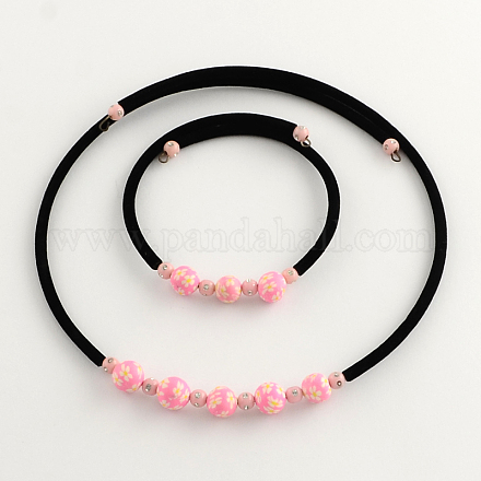 Collier en argile polymère branchés et des bracelets ensembles de bijoux: avec des perles en verre et de silicone et les accessoires en fer SJEW-Q017-1