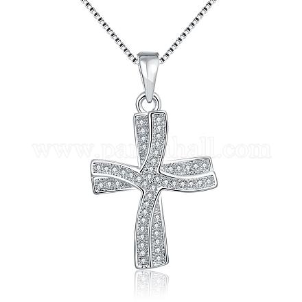 Platinum Plated Brass Cubic Zirconia Cross Pendant Necklaces NJEW-BB02205-1