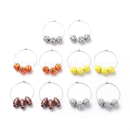 Boucles d'oreilles créoles à perles rondes en acrylique sur le thème du sport EJEW-JE04976-1