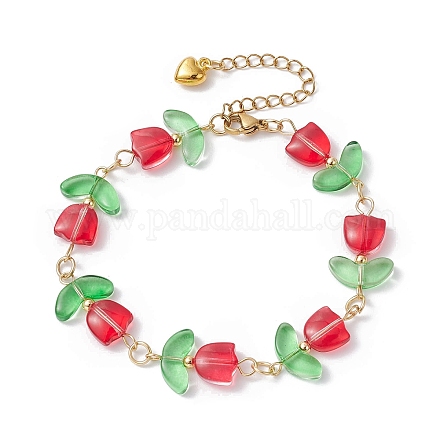 Bracelet en perles de fleur de tulipe en verre avec 304 fermoirs en acier inoxydable BJEW-JB09959-02-1