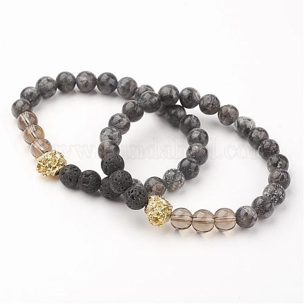 Bracelets extensibles en perles de quartz fumé et de roche de lave BJEW-G514-04-1