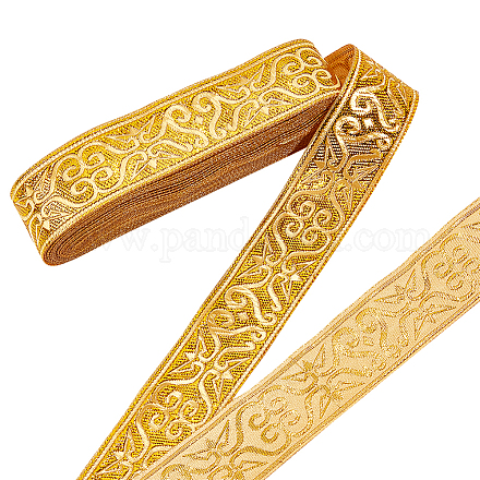 エスニック刺繡ポリエステルフラットリボン  ジャカードリボン  花柄  ゴールド  1-1/4インチ（33mm）  約7.66ヤード（7m）/バンドル OCOR-WH0060-37A-1