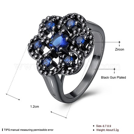 ファッション花真鍮キュービックジルコニア指輪  ブルー  ガンメタ色  usサイズ9（18.9mm） RJEW-BB20221-C-9-1