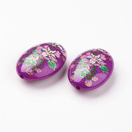 プリント樹脂ビーズ  花柄  フラットオーバル  暗紫色  29x20x10mm  穴：2mm GLAA-L013-E01-1