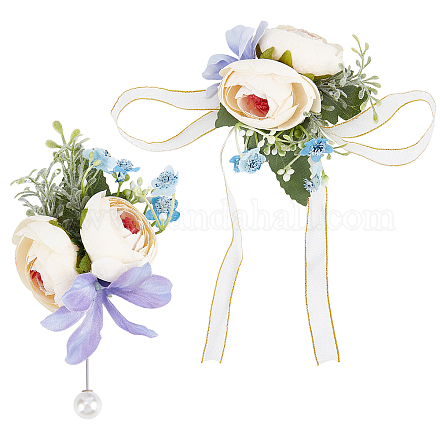 CRASPIRE Flower Wrist Corsage Wedding Corsage Ribbon Wrist Rose Artificial Flower Wrist Boutonniere Buttonholes Bridesmaid Flower Wrists Wedding Flowers Accessories AJEW-CP0001-80A-1