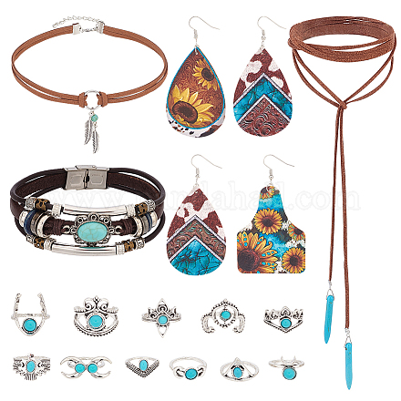 PandaHall Elite Imitation Leather Oval & Teardrop Finger Rings & Multi-strand Bracelet & Dangle Earrings & Lariat Necklace with Synthetic Turquoise SJEW-PH0001-12-1