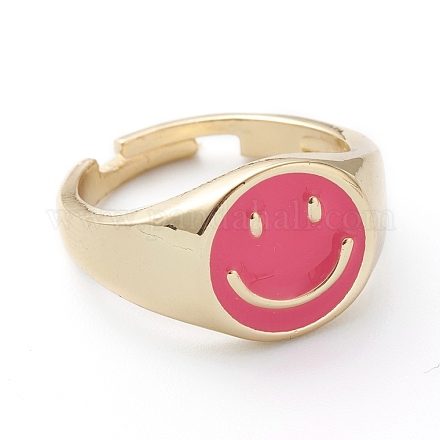 調節可能な真鍮製のエナメル指輪  長持ちメッキ  笑顔  18KGP本金メッキ  ショッキングピンク  usサイズ7 1/4(17.5mm) RJEW-Z006-E-03-1