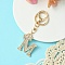 Golden Alloy Rhinestone Keychain, with Alloy Clasp and Iron Rings, Letter M, 10cm, Pendant: 42mm
