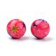 不透明な花の印刷アクリルビーズ  花模様の丸  濃いピンク  10x9.5mm  穴：2mm MACR-S271-10mm-05-2