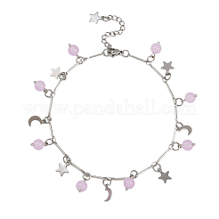 Chaîne de cheville ronde en acier inoxydable 201 avec pendentif en forme d'étoile de lune et de jade malaisien teinté naturel&nbsp;AJEW-AN00732-01