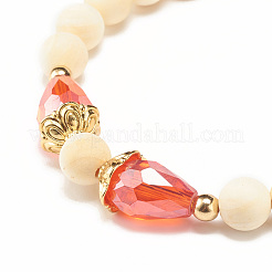 Bracelet extensible en perles rondes en bois naturel avec verre en forme de larme&nbsp;BJEW-JB07822