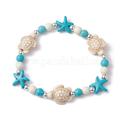 Pulsera elástica con cuentas de turquesa sintética de tortuga y estrella de mar&nbsp;BJEW-JB09968-01