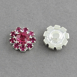 Shining Garment Accessories Flower Brass Grade A Rhinestone Findings Cabochons, Fit Floating Locket Charms, Silver Color Plated Metal Color, Fuchsia, 12x4.5mm